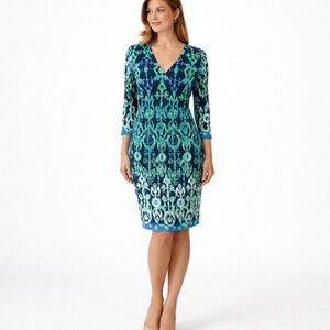 Donna Morgan Green Blue Ikat Stretch Sheath V-Neck Dress Professional Sz 8 💚🎀